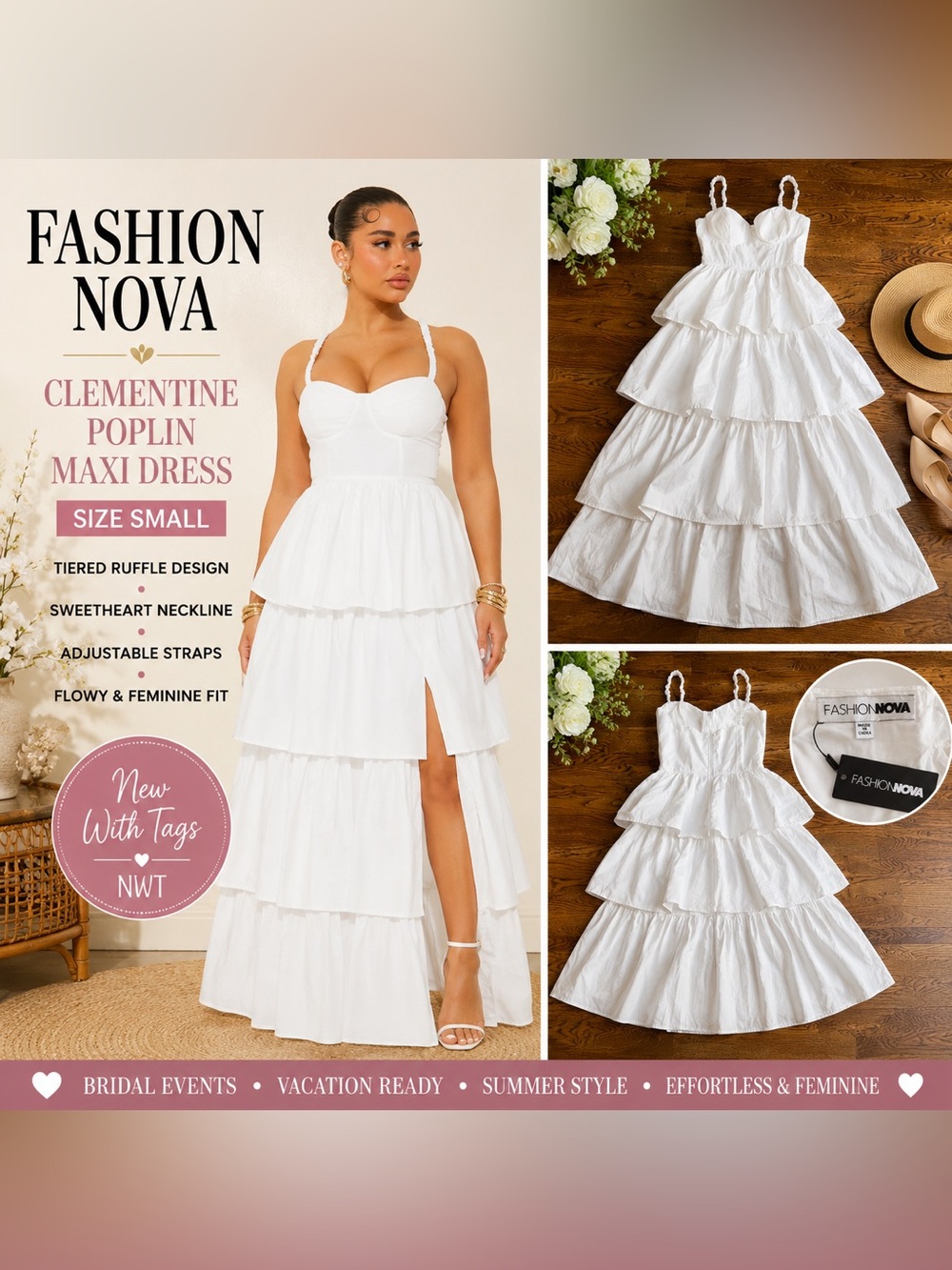 Fashion Nova Clementine Maxi Dress White Tiered Ruffle Dress NWT Size Small